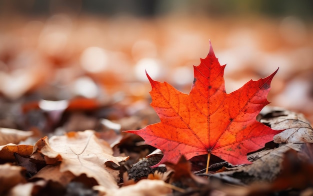 Closeup of a maple leaf lying on the ground in a pile of leaves