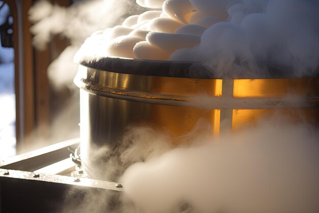 Photo closeup of maple sap evaporator showing the boiling liquid and steam created with generative ai