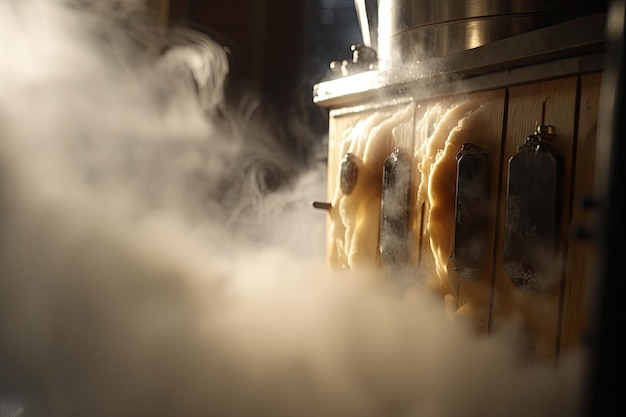 Closeup of maple sap evaporator with steam rising from warm water created with generative ai