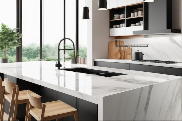 Фото Клоуз-ап мраморный гранитный кухонный стол остров для отображения продукта на современном ярком и чистом кухонном пространстве 3d рендеринг 3d иллюстрация