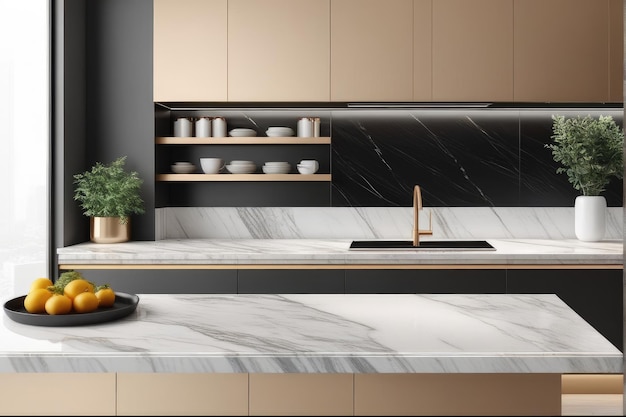 Photo closeup marble granite kitchen counter island for product display on modern bright and clean kitchen space 3d rendering 3d illustration