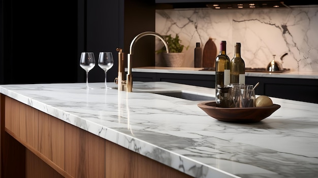 A closeup of a marble kitchen counter
