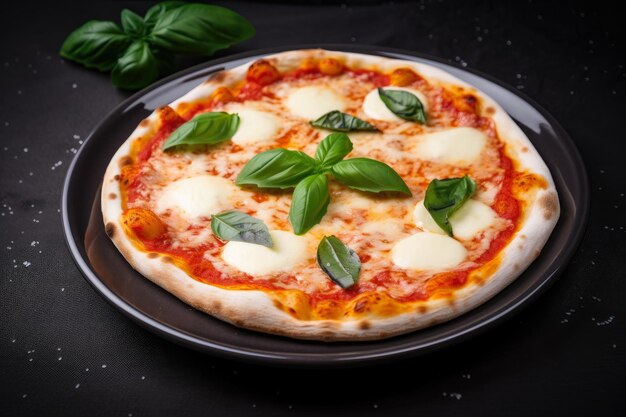 Closeup of a margherita pizza with tomato sauce fresh mozzarella and basil leaves on a ceramic