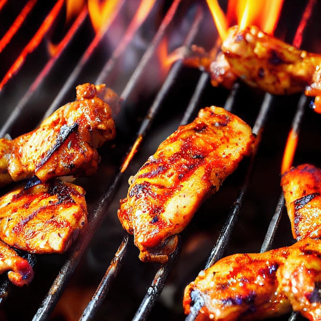 Closeup marinated chicken cooking over flames on grill