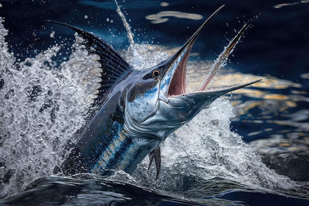 Foto primo piano del marlin che viola la superficie dell'acqua con la bocca spalancata