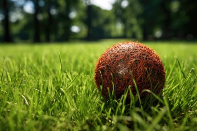 Photo closeup of a marn grook ball on grass field
