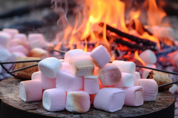 Closeup of marshmallows roasting over campfire created with generative ai