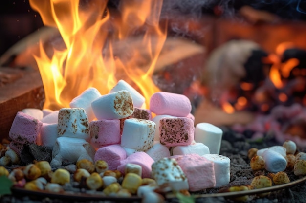 Closeup of marshmallows roasting over campfire created with generative ai