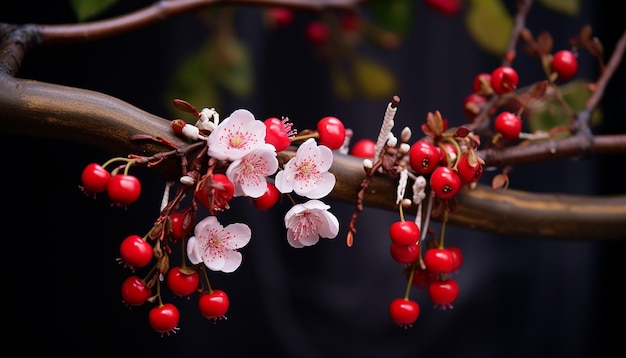 Foto un primo piano di un martisor attaccato a un ramo in fiore