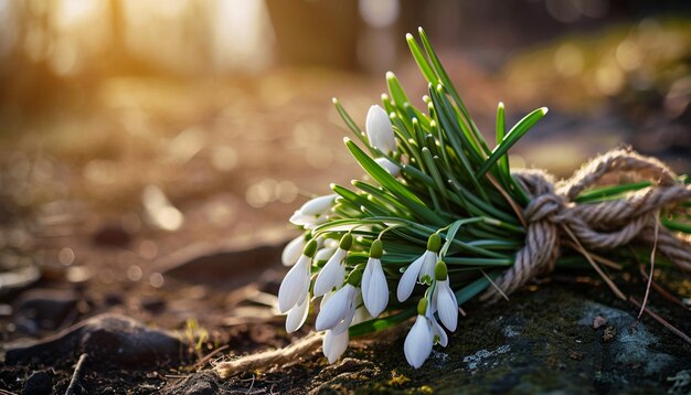 a closeup of a Martisor tied around a bouquet of snowdrops