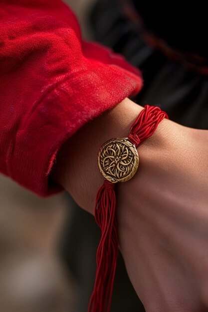 a closeup of a Martisor tied to a wrist