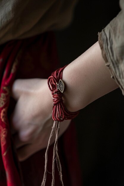 a closeup of a Martisor tied to a wrist