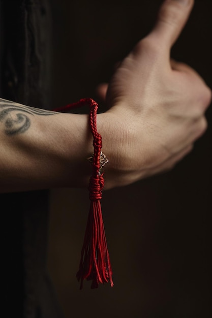 a closeup of a Martisor tied to a wrist