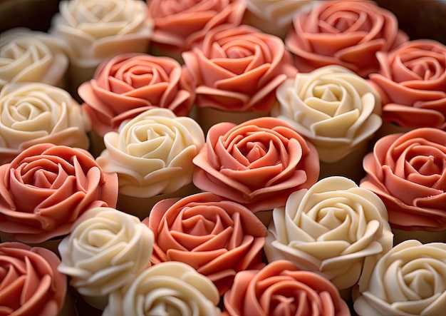 A closeup of marzipan roses used as cake decorations