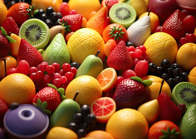 A closeup of marzipan shaped into colorful fruits