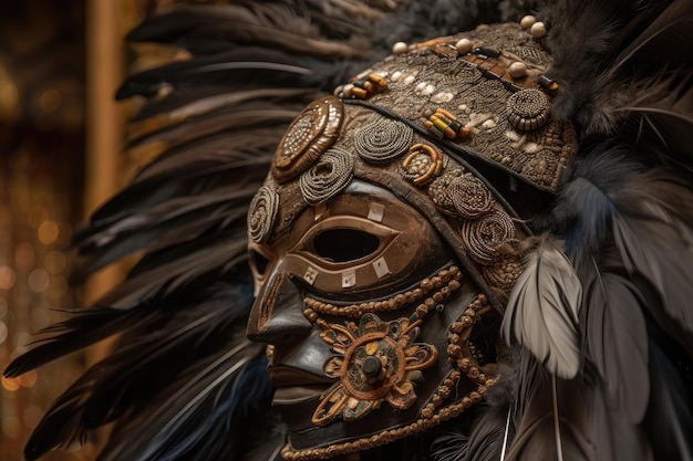 Closeup of mask with intricate details and feathers created with generative ai