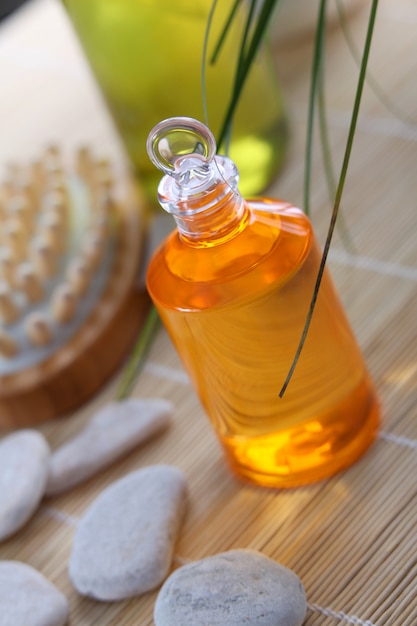 Closeup of massage oil bottle