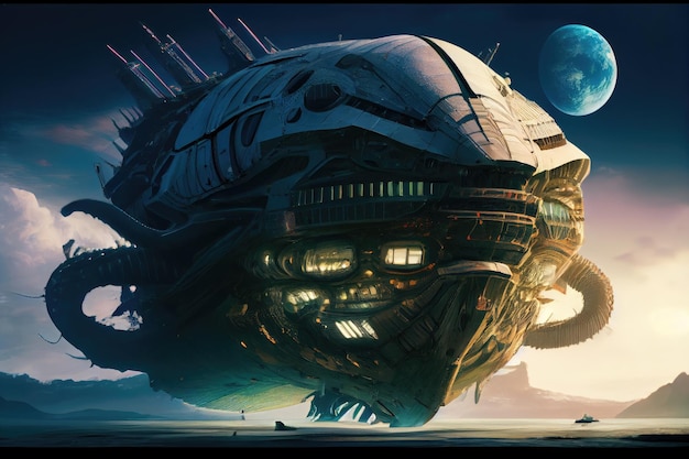 Closeup of massive alien ship with the earth in the background