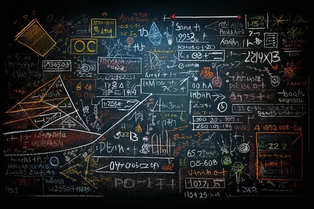Photo closeup mathematical formula and elements on blackboard