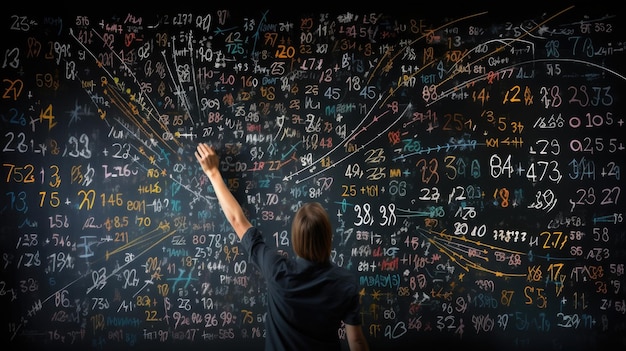 A closeup of a mathematical formula written on a blackboard surrounded by an array of tered and