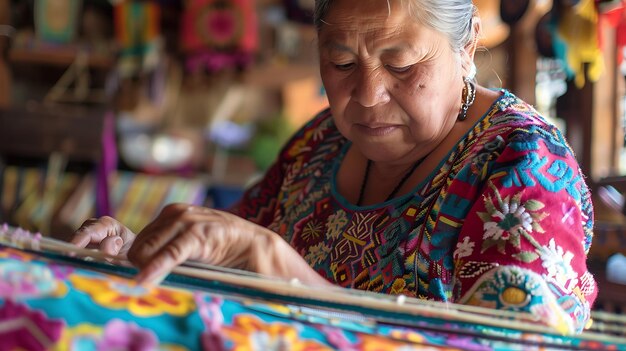 Photo a closeup of a mayan woman wearing a traditional handwoven huipil blusa and skirt she is weaving on a traditional backstrap loom