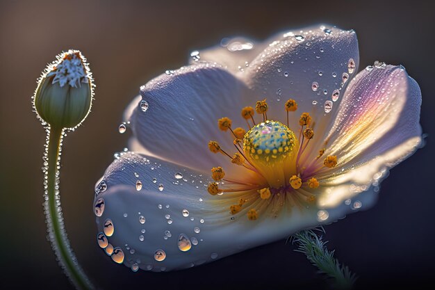 Closeup of meadow flower with dew drop on its petals