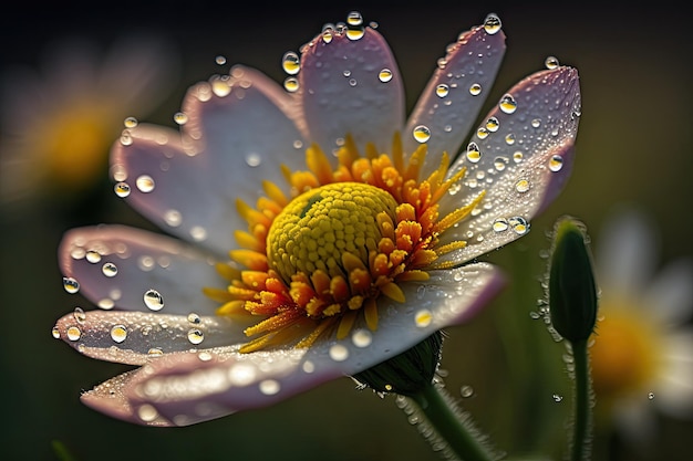 Closeup of meadow flower with dew drops visible on petals