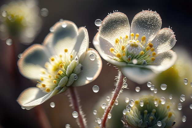 Closeup of meadow flowers with dew drops shining on their petals
