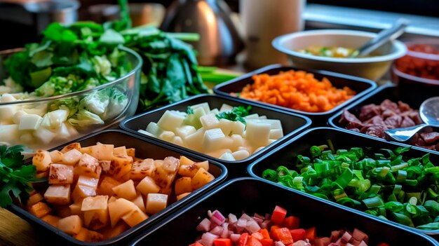Closeup of meal prep with chopping and dicing in full swing Generative AI