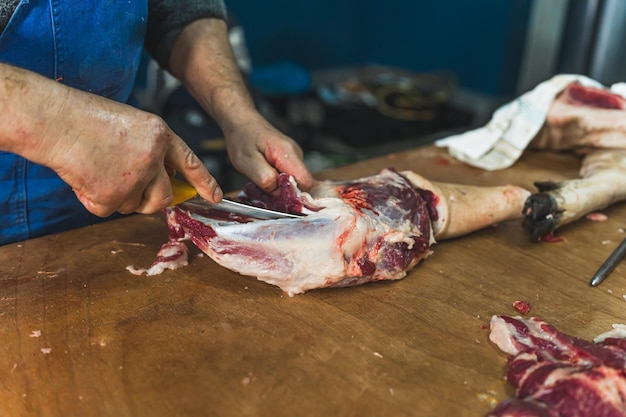 Closeup of meat processing in the food industry the worker cuts raw pig