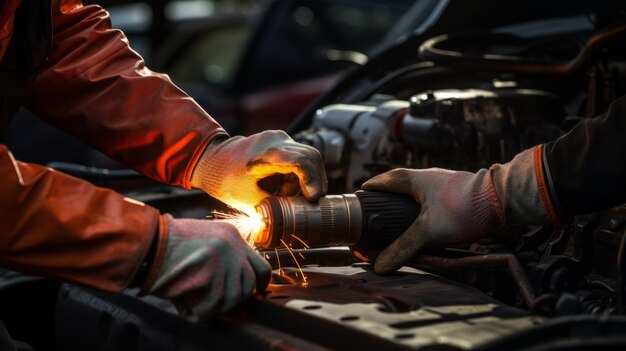 Photo closeup of a mechanics hands repair a car