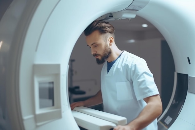 병원 에서 환자 의 MRI 스캔 검사 를 시작 하는 의료 기술자 의 클로즈업