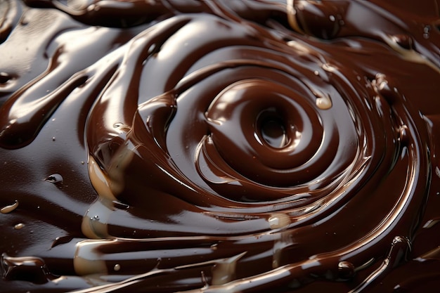 A closeup of melted chocolate with drizzles and swirls visible