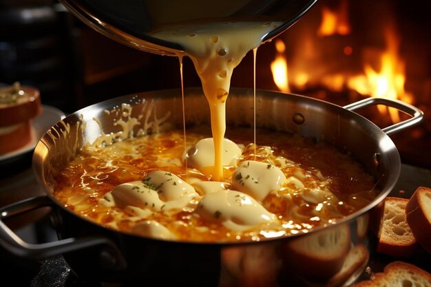 Foto closeup di formaggio che si scioglie in una pentola di fondue fotografia di immagini di fondue di alta qualità