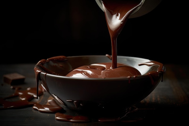 물방울이 형성되고 그릇의 측면 아래로 미끄러지는 녹는 초콜릿의 근접 촬영