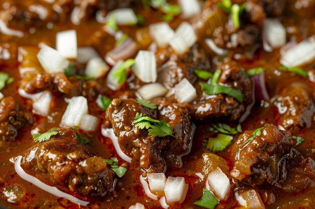 Closeup of menudo garnished with chopped onions