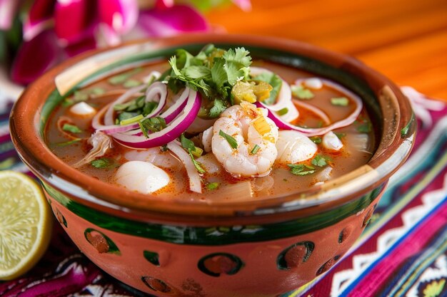 Closeup of menudo with tripe and hominy visible