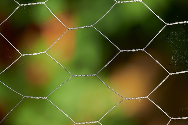 Closeup of a mesh metal fence with blur garden in the background details of a steel iron gate around a park mesh metal fence surrounded by green tree leaves plain twisted wire pattern and texture