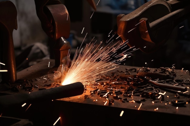 Closeup of metal forging with sparks flying and hammers pounding