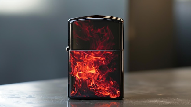 Closeup of a metal lighter with red flames on the table