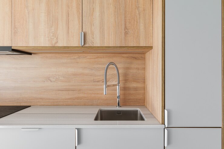 Closeup of metal sink and faucet at contemporary minimal kitchen wooden furniture at empty refurbish...