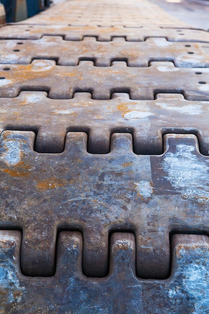 Closeup of metal tracks of a crawler crane Chassis tracked vehicles