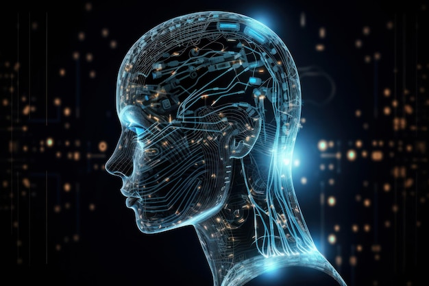 인공 지능 및 빅 데이터 처리 기술 배경 개념 AI Generative를 나타내는 빛나는 눈과 디지털 두뇌를 갖춘 금속 로봇 머리를 닫습니다.