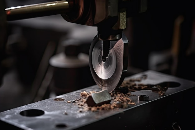 Closeup of a metalworking tool in the process of shaping a piece of metal