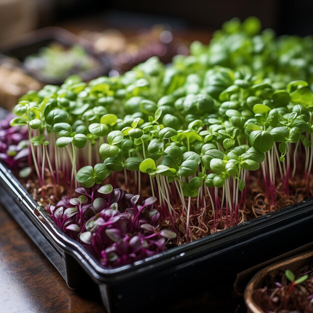 Foto close-up di germogli di microgreen pronti da mangiare