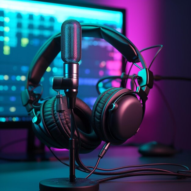 A closeup of a microphone and headphones for podcast