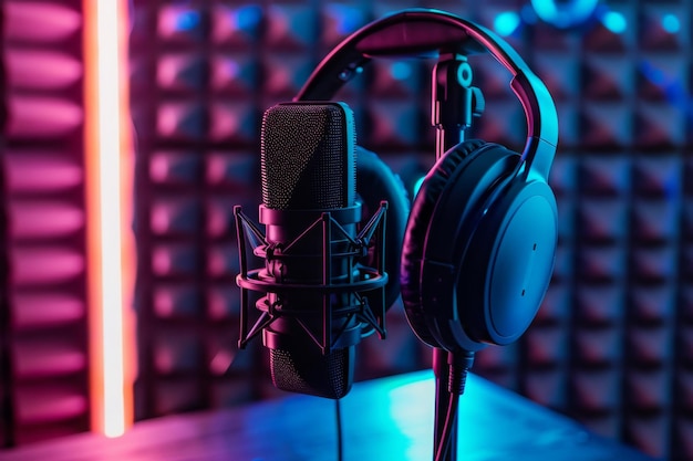 Closeup of microphone and headphones for podcasting or ASMR sounds on black stand illuminated by neo