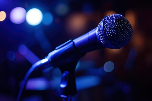 CloseUp of Microphone on Stage with Blue Lights