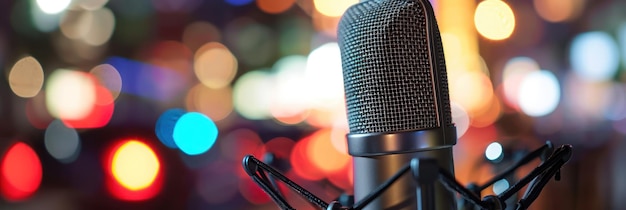 Closeup of a microphone with bokeh lights setting scene for a festive podcast recording session