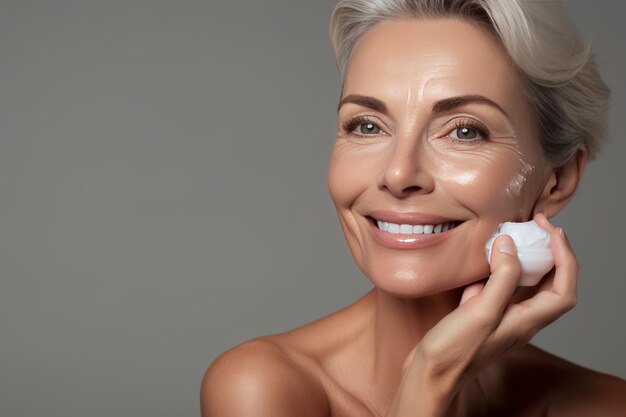 Photo closeup of middleaged caucasian woman touching her face to apply moisturizer smiling face of adult greyhaired lady with daily cream facial cosmetics skin care grey background copy space